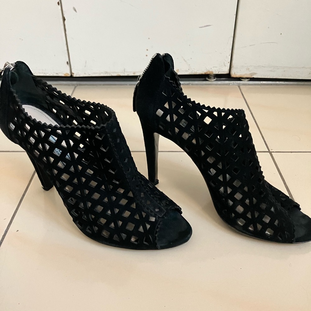 Prada Black Suede Cutout Honeycomb Heels zipper detail